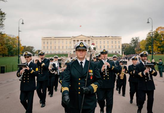 Kongelige norske marines musikkorps marsjerer på slottsplassen i forbindelse med Stortingets åpning 2020