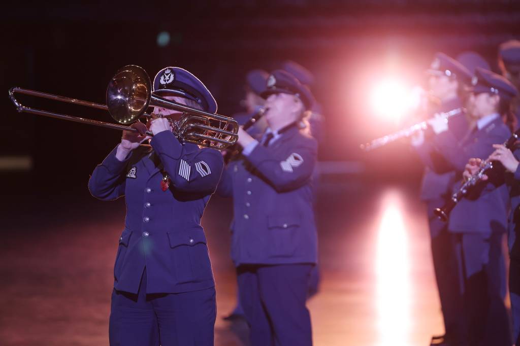 Fra Norsk Militær Tattoo 2024 i Oslo Spektrum.
Luftforsvarets Musikkorps